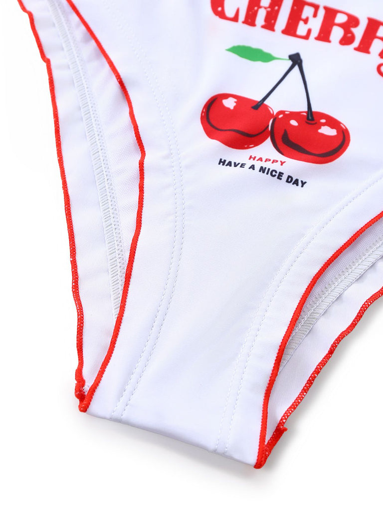 White 1970s Cherry Print Tie-Halter Bikini Set