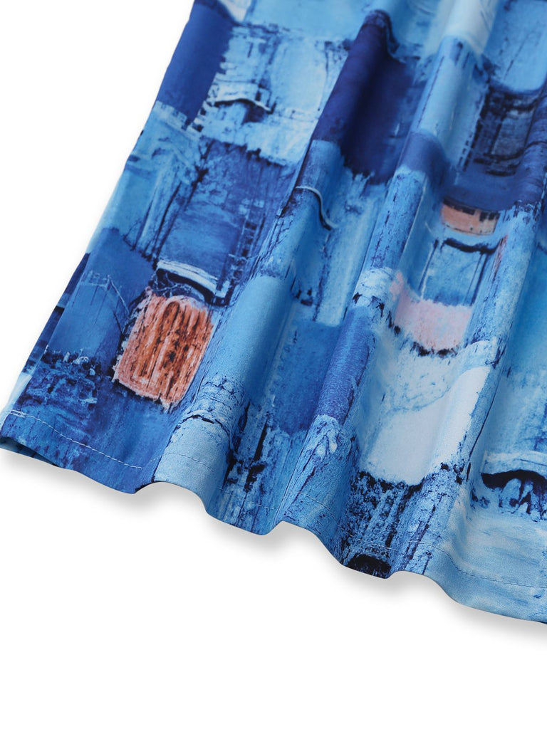 Blue 1940s Patchwork Puff-Sleeve V-Neck Jumpsuit