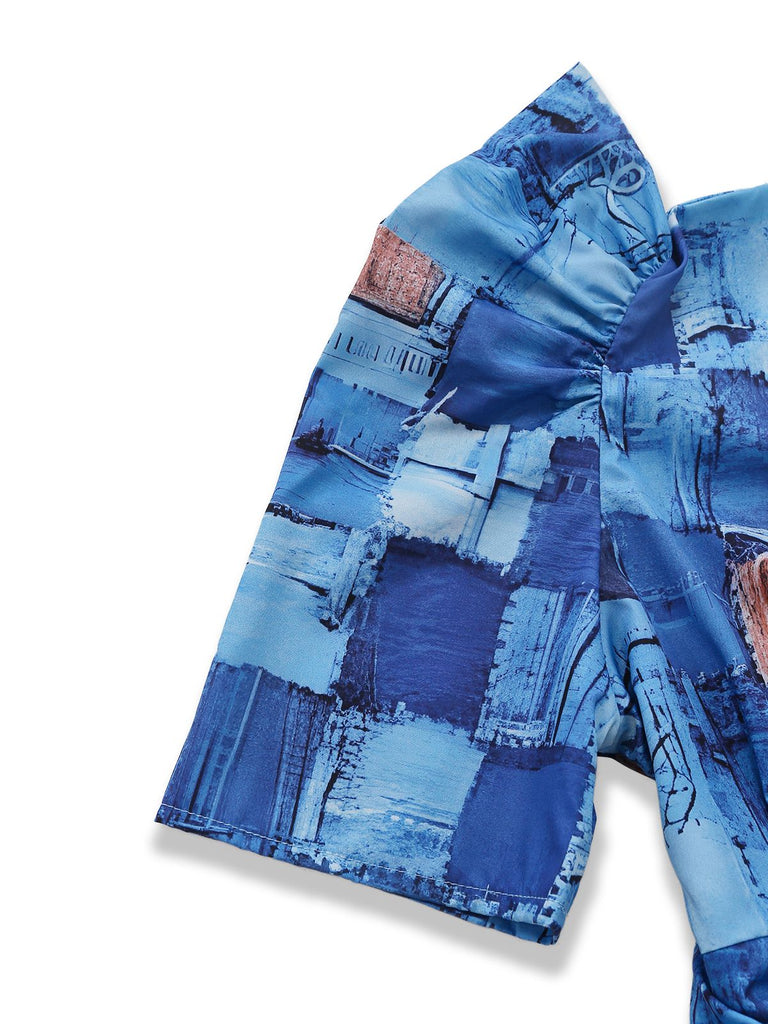 Blue 1940s Patchwork Puff-Sleeve V-Neck Jumpsuit