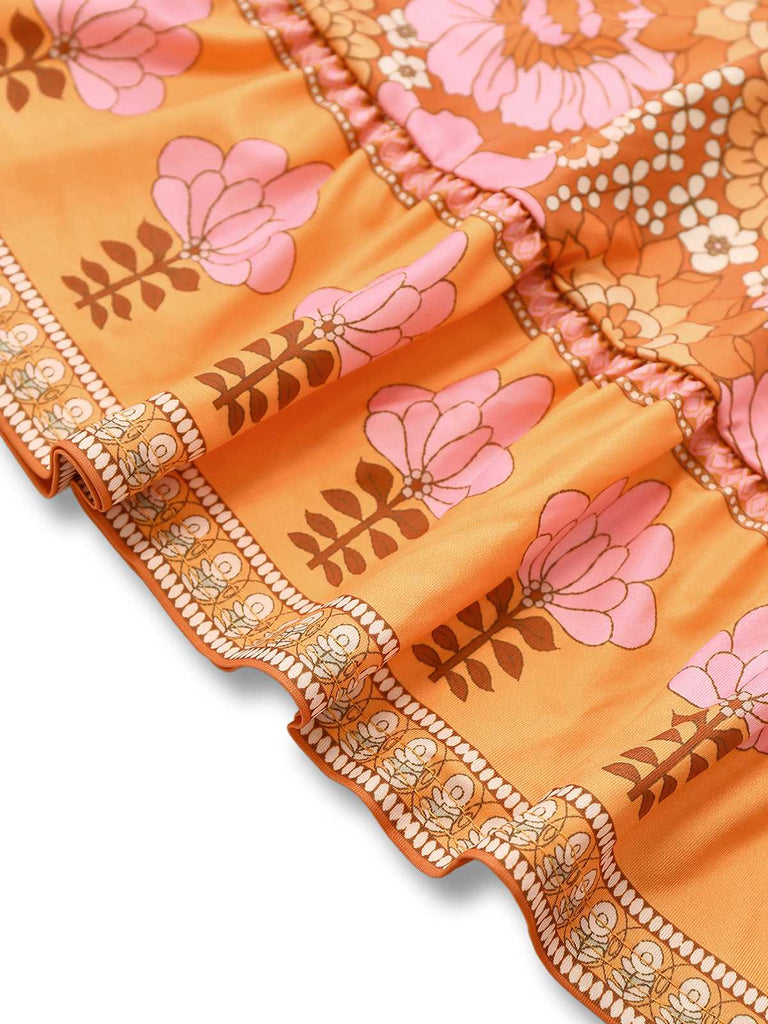 Orange 1960s Hippe Bell Sleeve Floral Dress