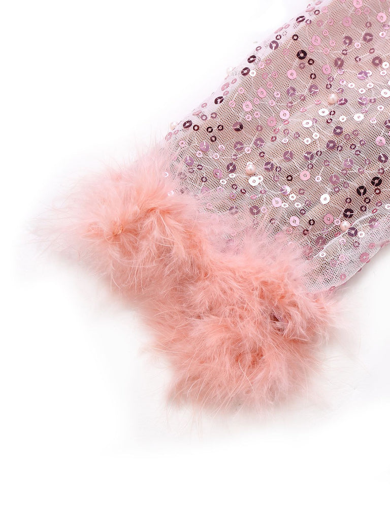 Pink 1970s Sequin Feather -Sleeve Wide-Leg Jumpsuit