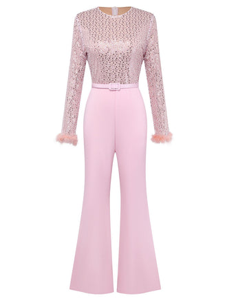 Pink 1970s Sequin Feather -Sleeve Wide-Leg Jumpsuit