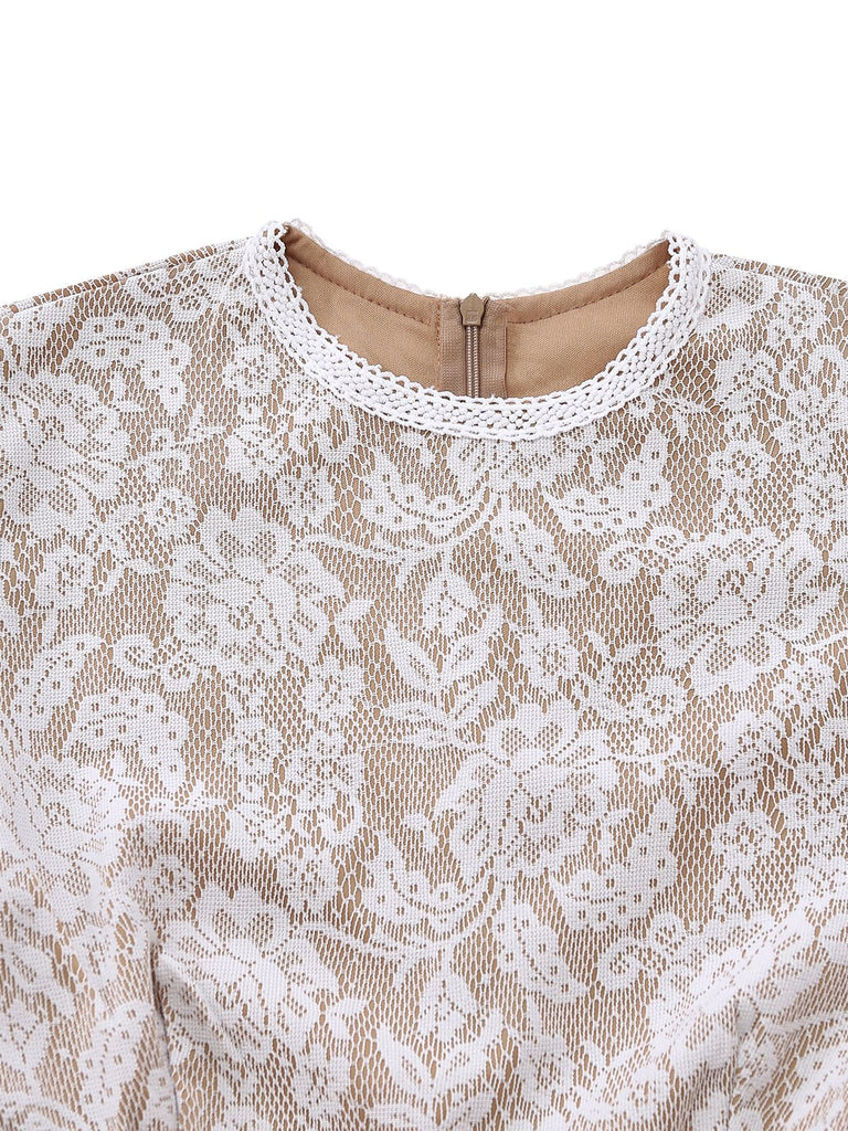 White 1970s Lace Long-Sleeve Flared Legs Jumpsuit