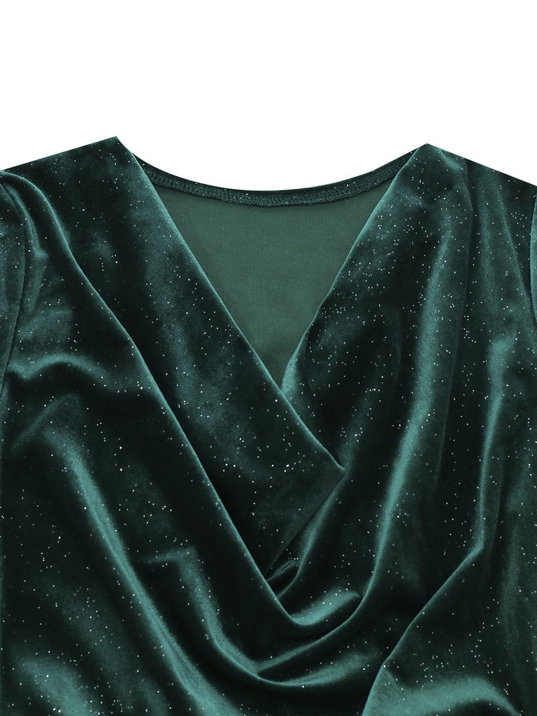 1960s Solid Velvet Long Sleeve Cowl Neck Dress