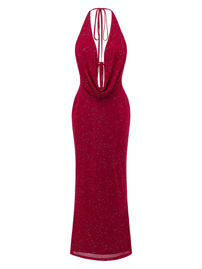 1980s Backless Cowl Glitter Halter Slit Maxi Dress