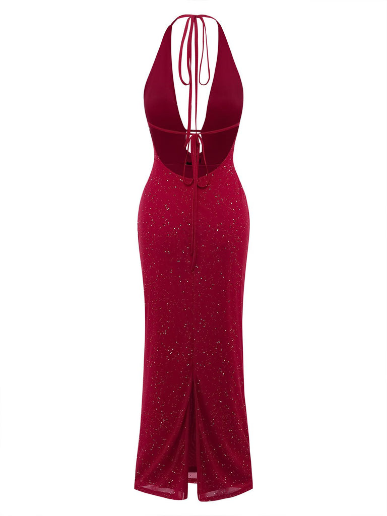 1980s Backless Cowl Glitter Halter Slit Maxi Dress