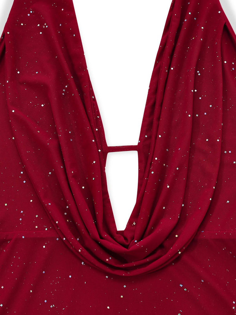 1980s Backless Cowl Glitter Halter Slit Maxi Dress