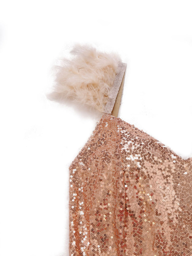 1930s V-Neck Feather Strap High Slit Sequined Dress