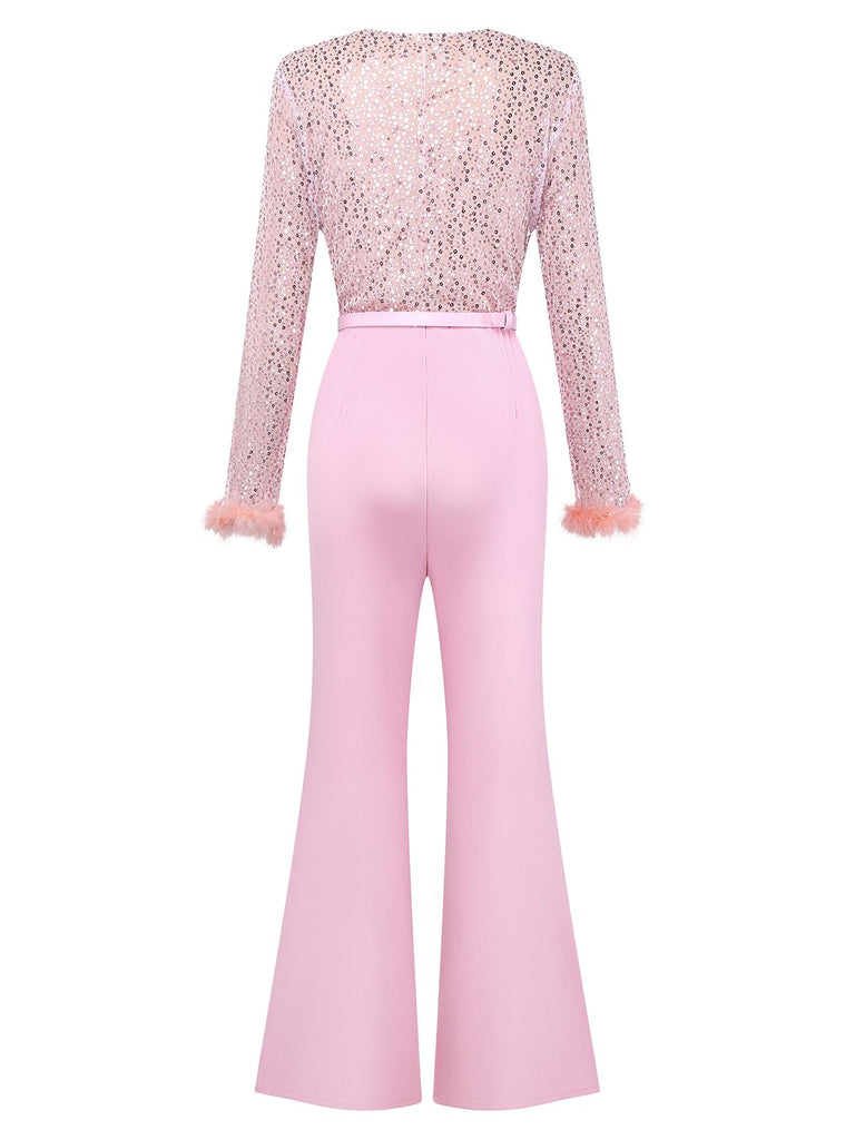 Pink 1970s Sequin Feather -Sleeve Wide-Leg Jumpsuit