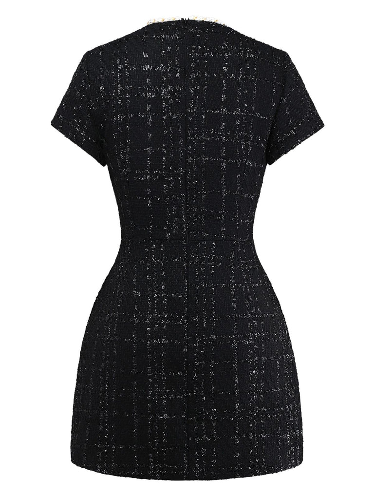 1950s Binding Pearl-Trimmed Collar Tweed Dress