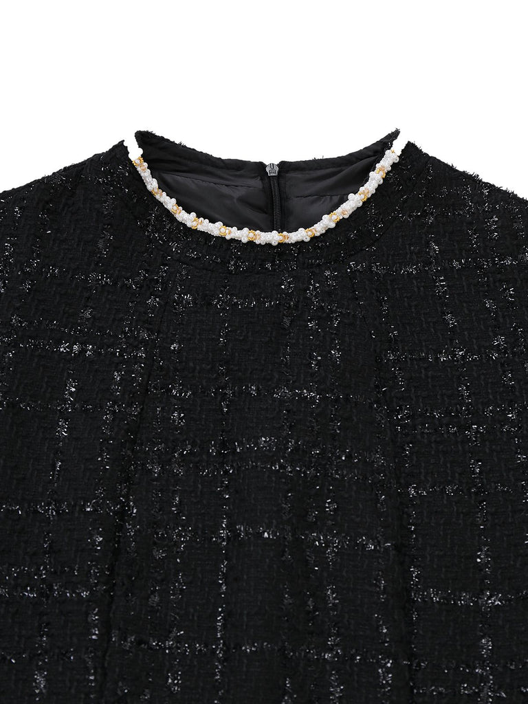 1950s Binding Pearl-Trimmed Collar Tweed Dress