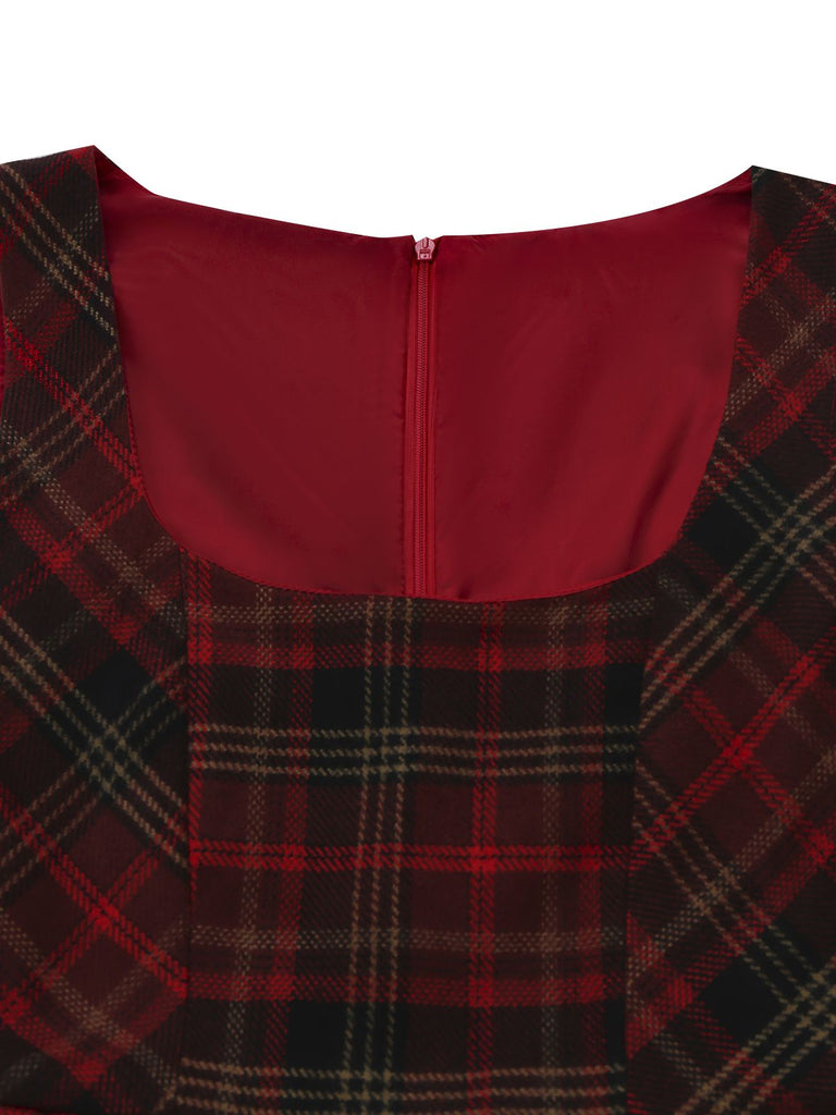 2PCS Red 1940s Peter Pan collar Blouse & Plaid Swing Dress