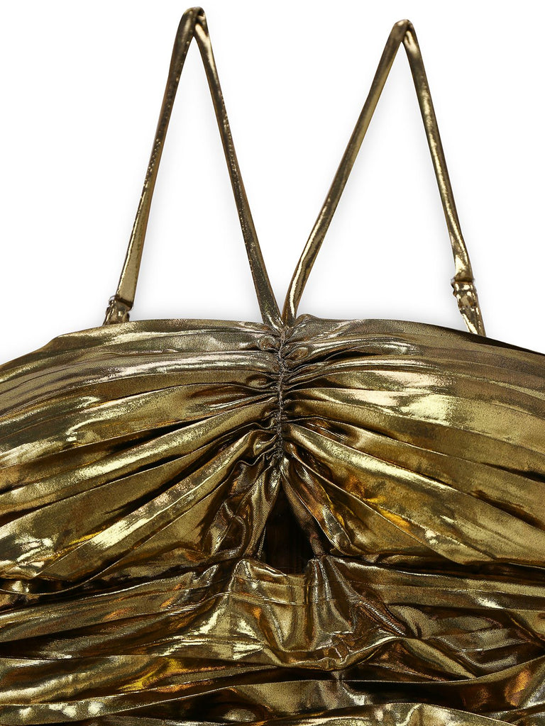 Gold 1960s Metallic Pleated Cutout Party Strap Dress