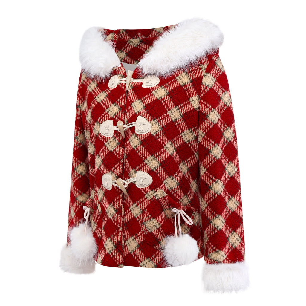 [Pre-Sale] Red 1940s Detachable Fur Collar Plaid Fleece Coat