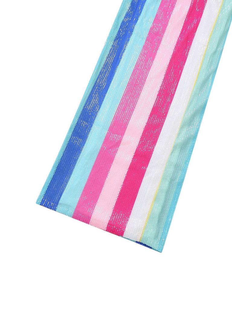 Multicolor 1960s V-Neck Sequined Vertical Striped Jumpsuit
