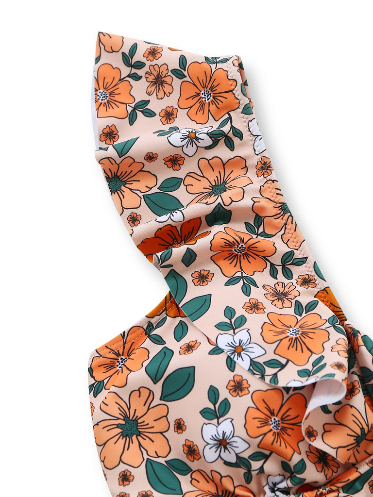 1930s Floral Ruffle Cutout Tie-Front One-Piece Swimsuit