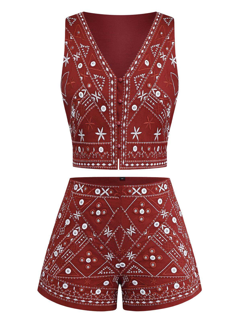 2PCS Dark Red 1970s Embroidered Boho Vest & Shorts