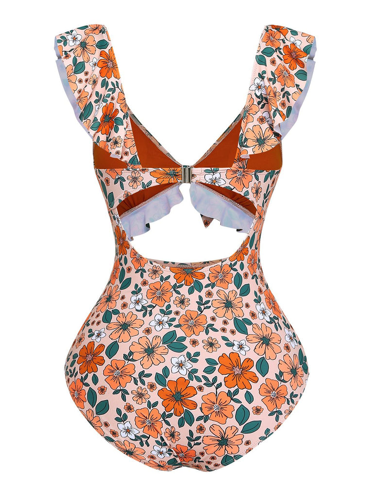 1930s Floral Ruffle Cutout Tie-Front One-Piece Swimsuit