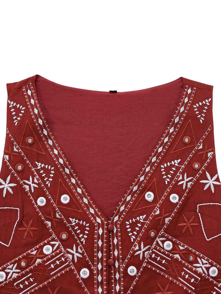 Dark Red 1970s Embroidered Boho Vest