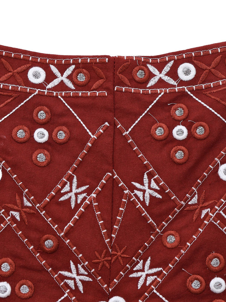 Dark Red 1970s Embroidered Boho Shorts