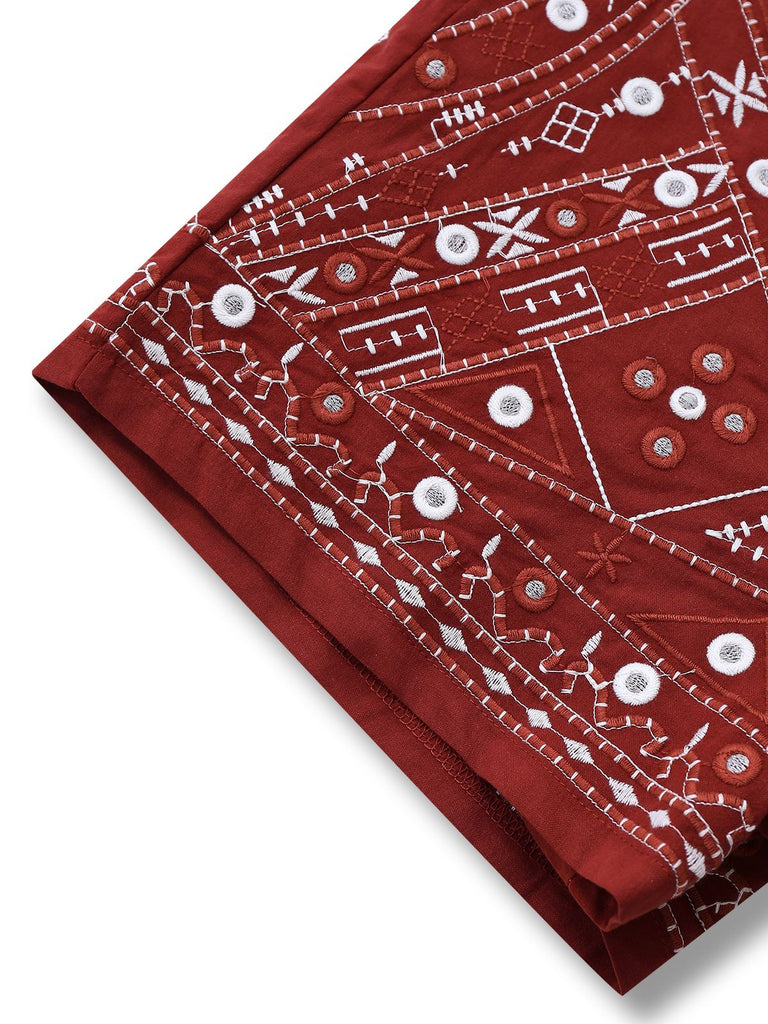 Dark Red 1970s Embroidered Boho Shorts