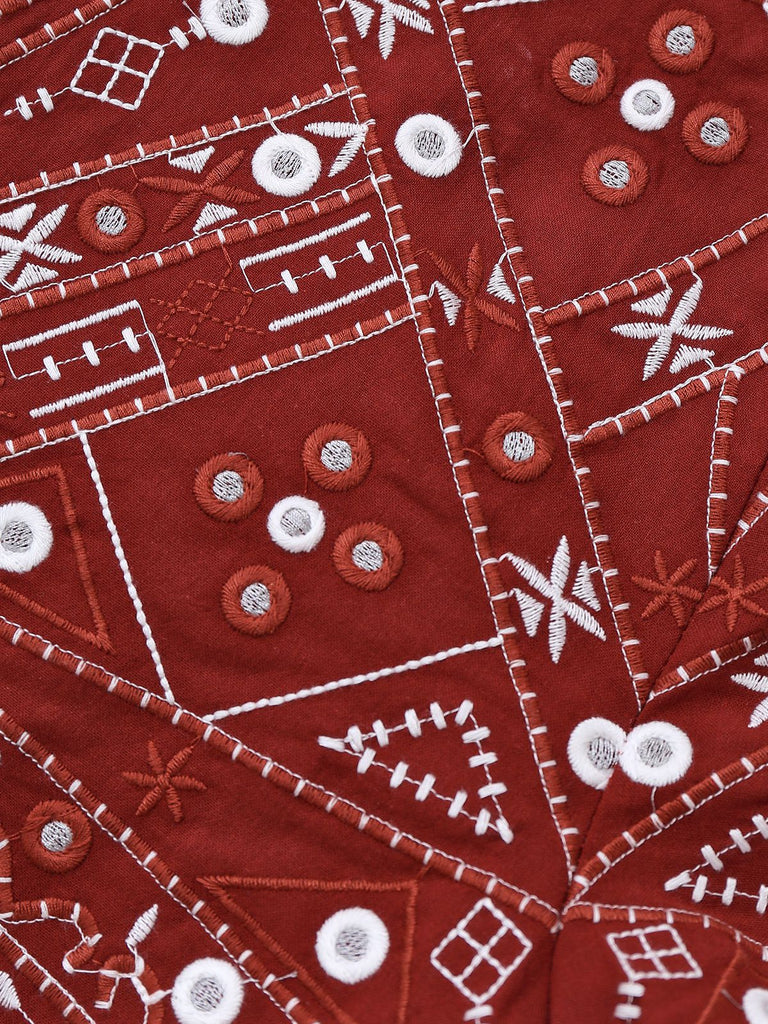 Dark Red 1970s Embroidered Boho Shorts