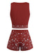 2PCS Dark Red 1970s Embroidered Boho Vest & Shorts