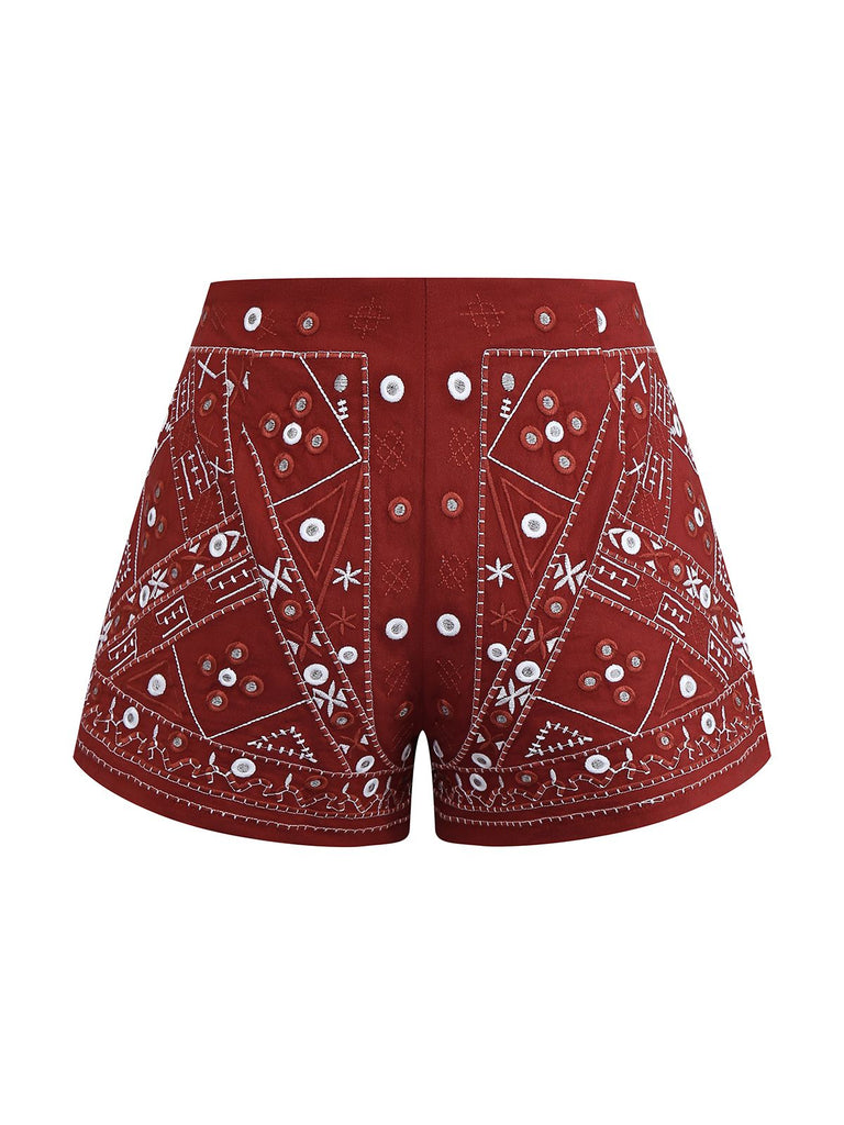 Dark Red 1970s Embroidered Boho Shorts