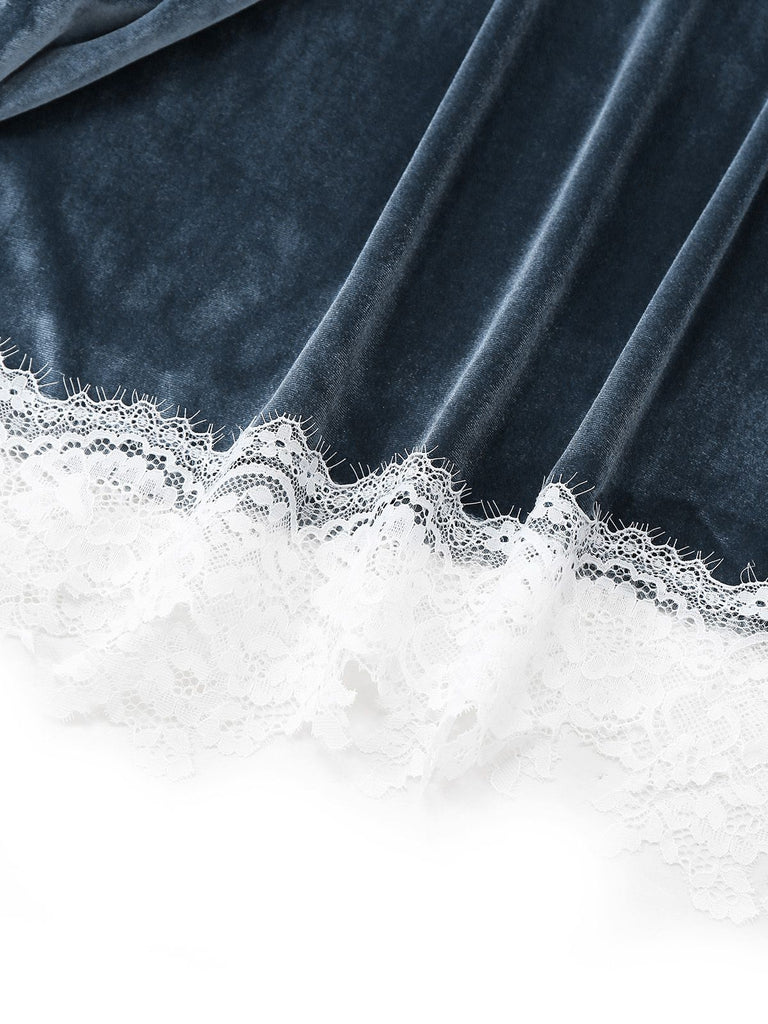 Blue 1930s Faux Fur Lace Patchwork Velvet Dress