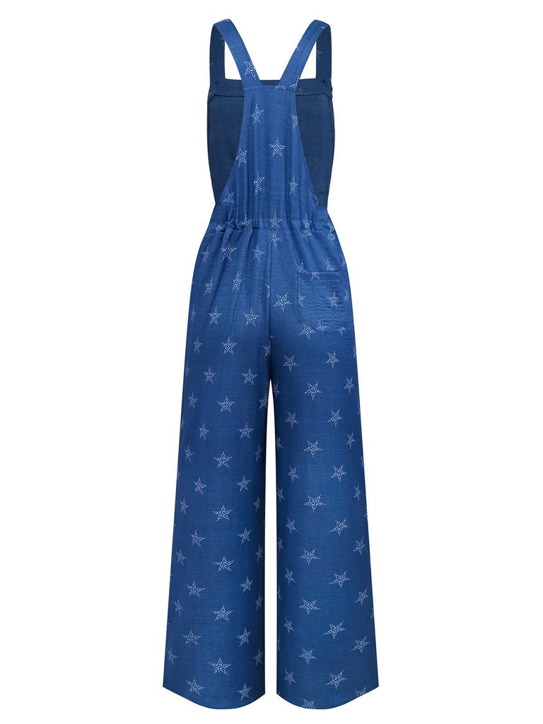 Blue 1970s Boho Star Print Overall Jumpsuit