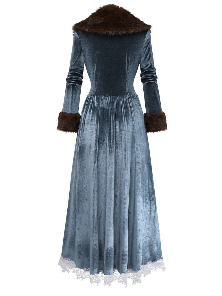 Blue 1930s Faux Fur Lace Patchwork Velvet Dress