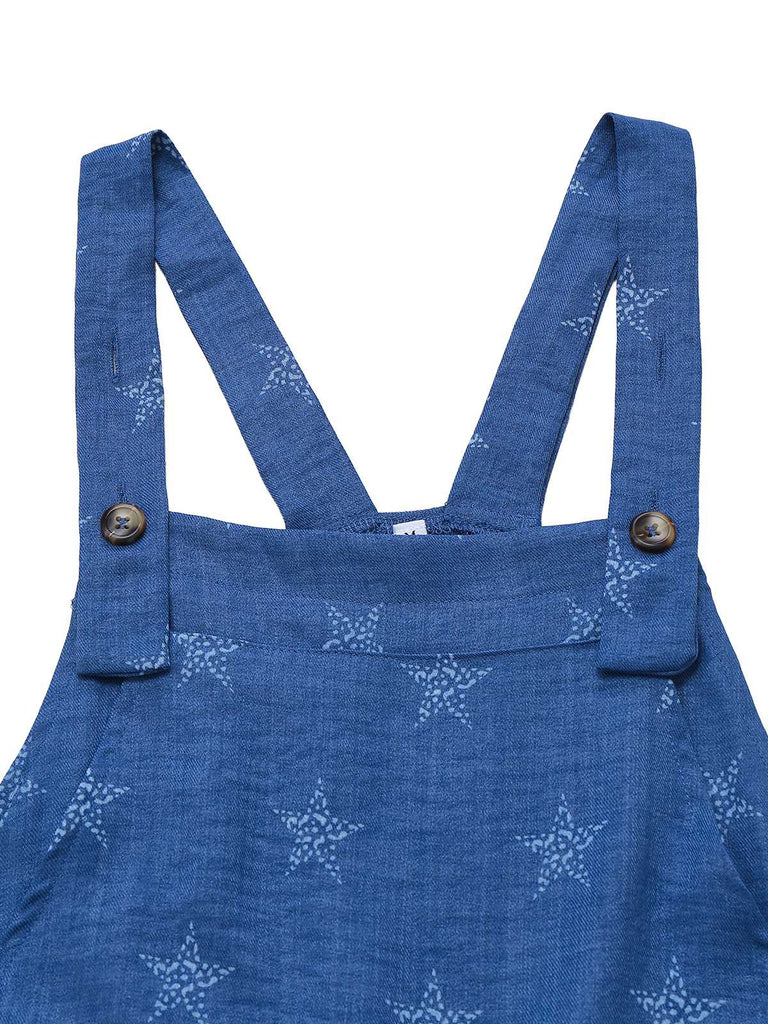 Blue 1970s Boho Star Print Overall Jumpsuit
