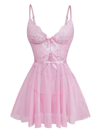 Pink 1950s Lace Spaghetti Strap Bow Nightgown