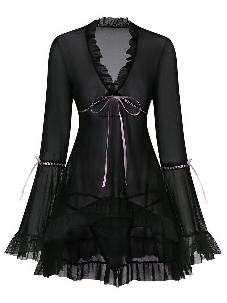 Black 1970s Bowknot Ruffled Sheer Nightdress