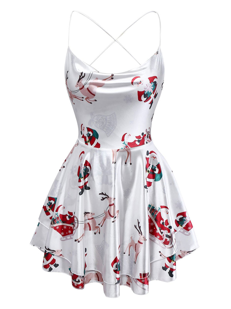 White 1960s Christmas Stain Layered Backless Strap Dress