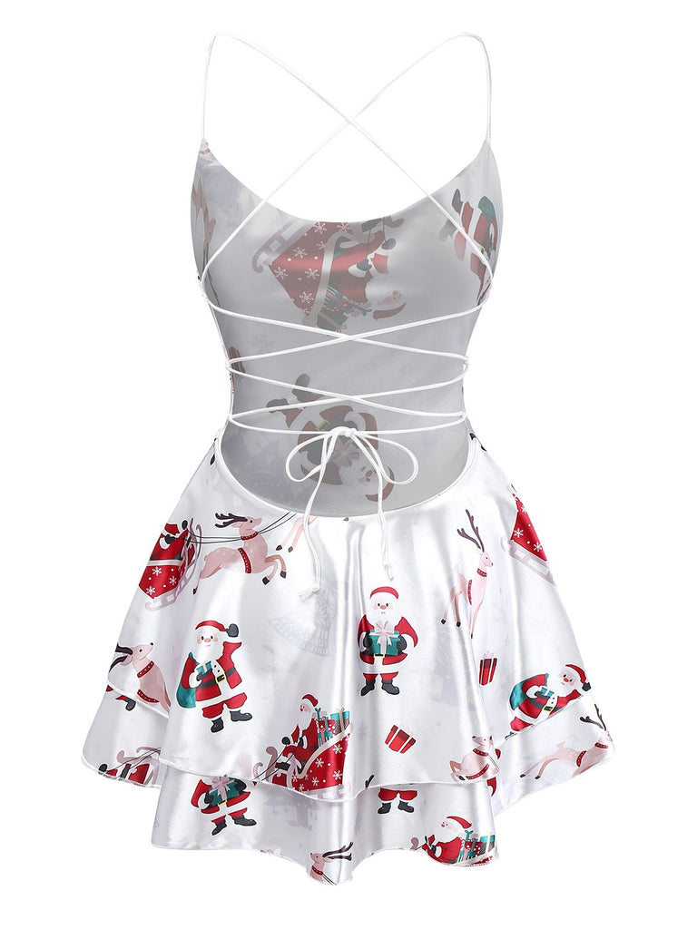 White 1960s Christmas Stain Layered Backless Strap Dress