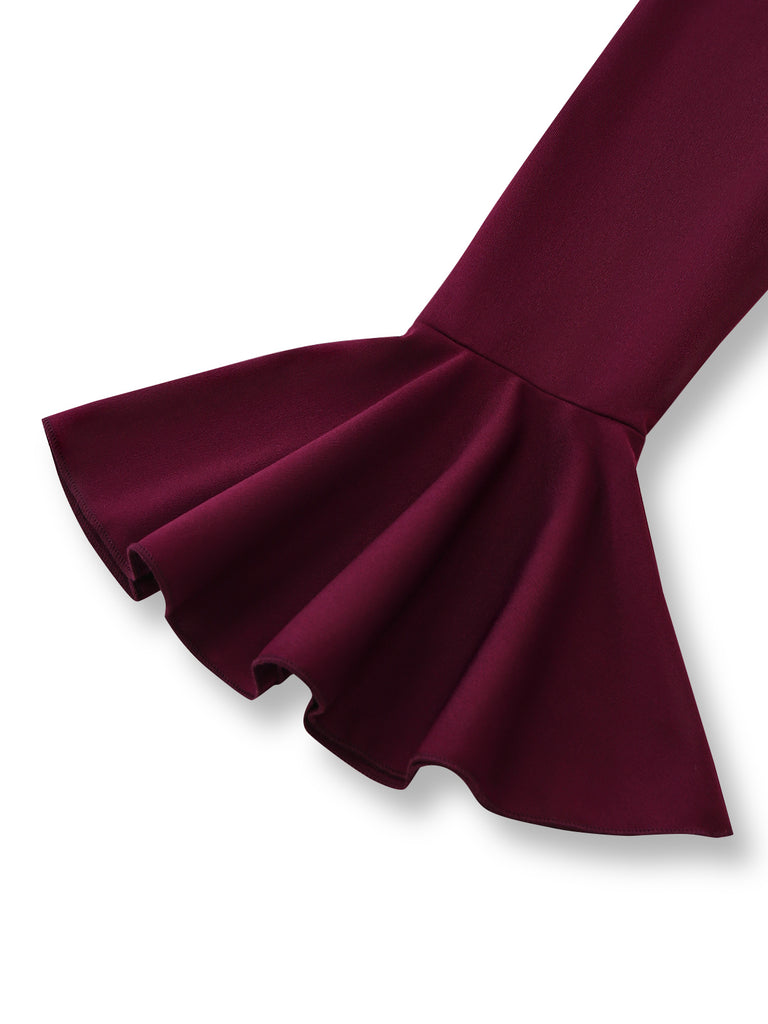 1930s Solid Off-Shoulder Pleated Bell Sleeve Dress