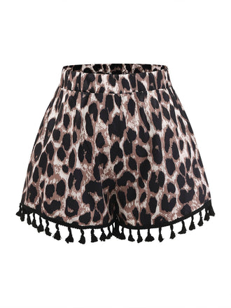 [Plus Size] Khaki 1970s Leopard Print Fringed Shorts