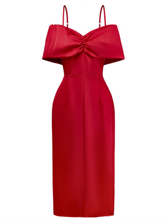 Red 1980s Bow Off-Shoulder Satin Side Slit Midi Dress