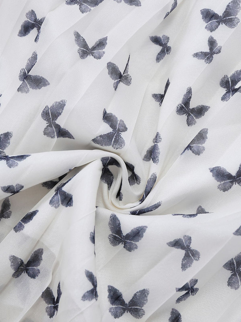 White 1980s Butterfly Pearl Pleated Velvet Corset Midi Dress