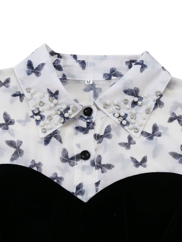 White 1980s Butterfly Pearl Pleated Velvet Corset Midi Dress