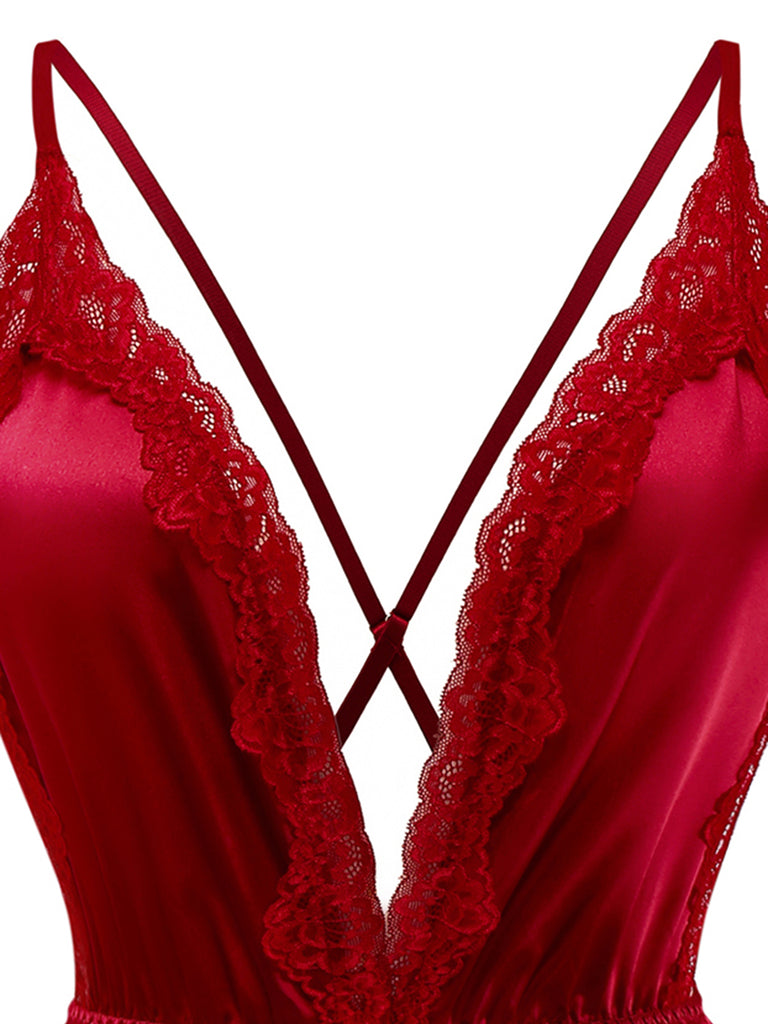 1950s Lace Satin Deep V Backless Sleep Romper