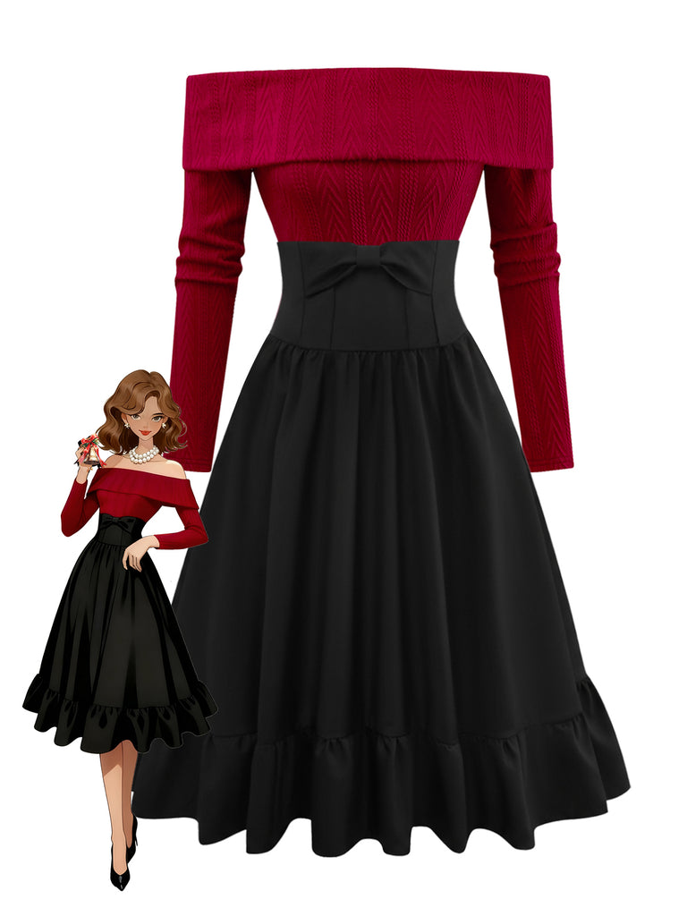 [Pre-Sale] 2PCS 1950s Off-Shoulder Knitted Sweater & Bow Skirt