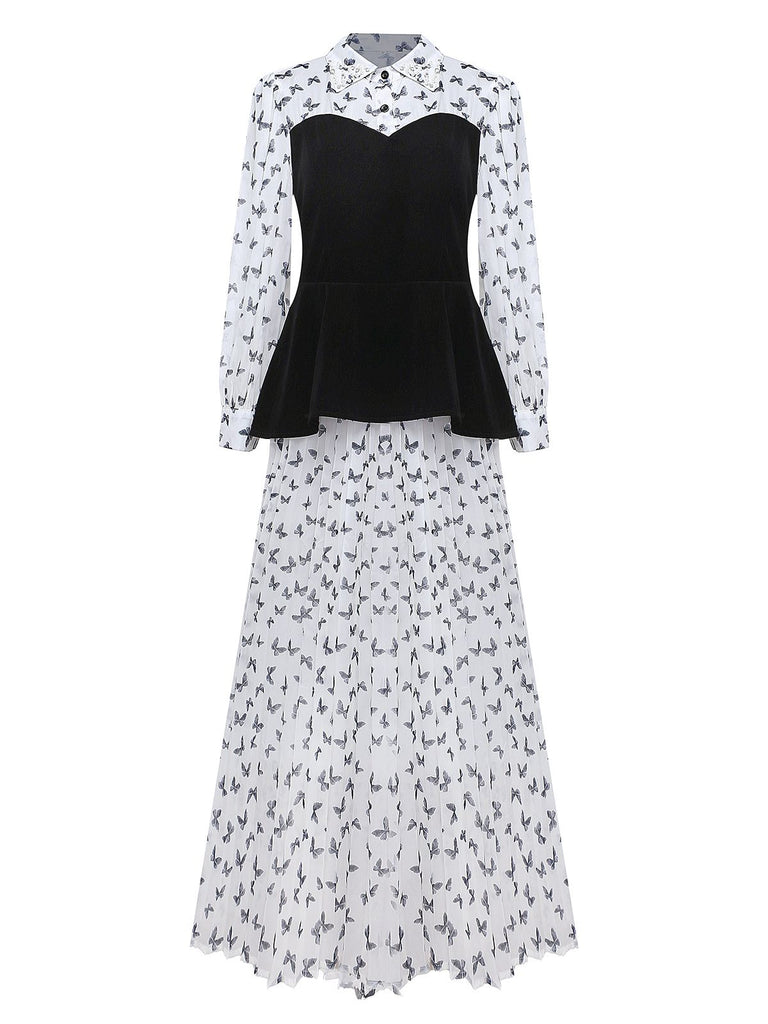 White 1980s Butterfly Pearl Pleated Velvet Corset Midi Dress