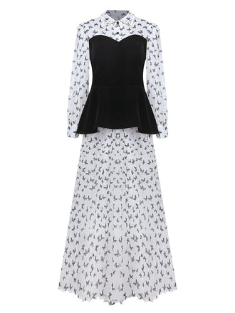 White 1980s Butterfly Pearl Pleated Velvet Corset Midi Dress