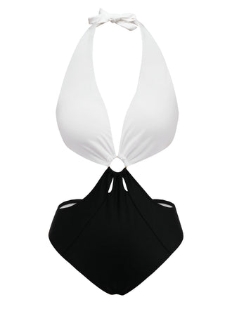 White 1960s Halter Deep V-Neck One-Piece Swimsuit