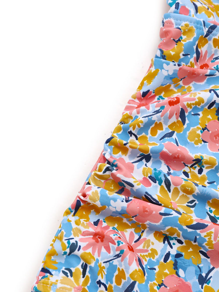 1950s Ruffled Ditsy Floral Deep V-Neck Swimsuit