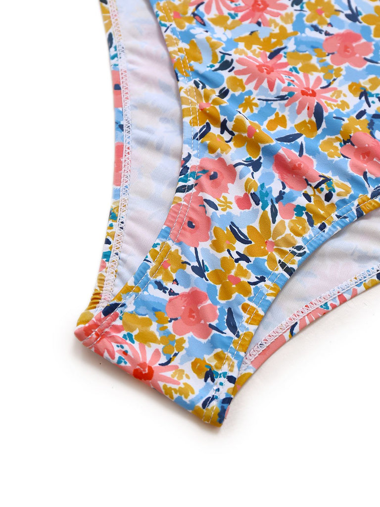 1950s Ruffled Ditsy Floral Deep V-Neck Swimsuit