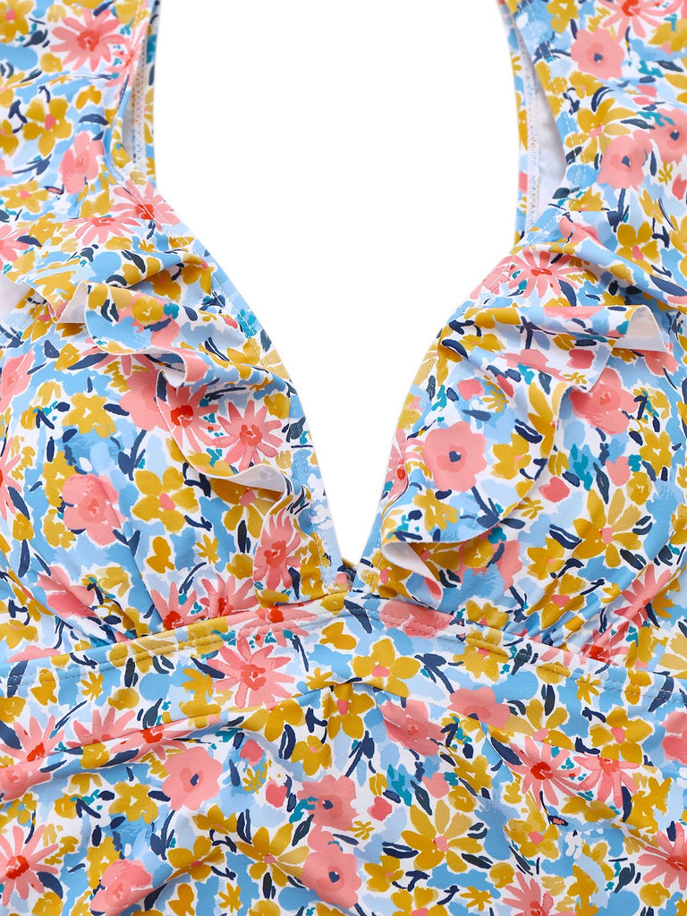 1950s Ruffled Ditsy Floral Deep V-Neck Swimsuit
