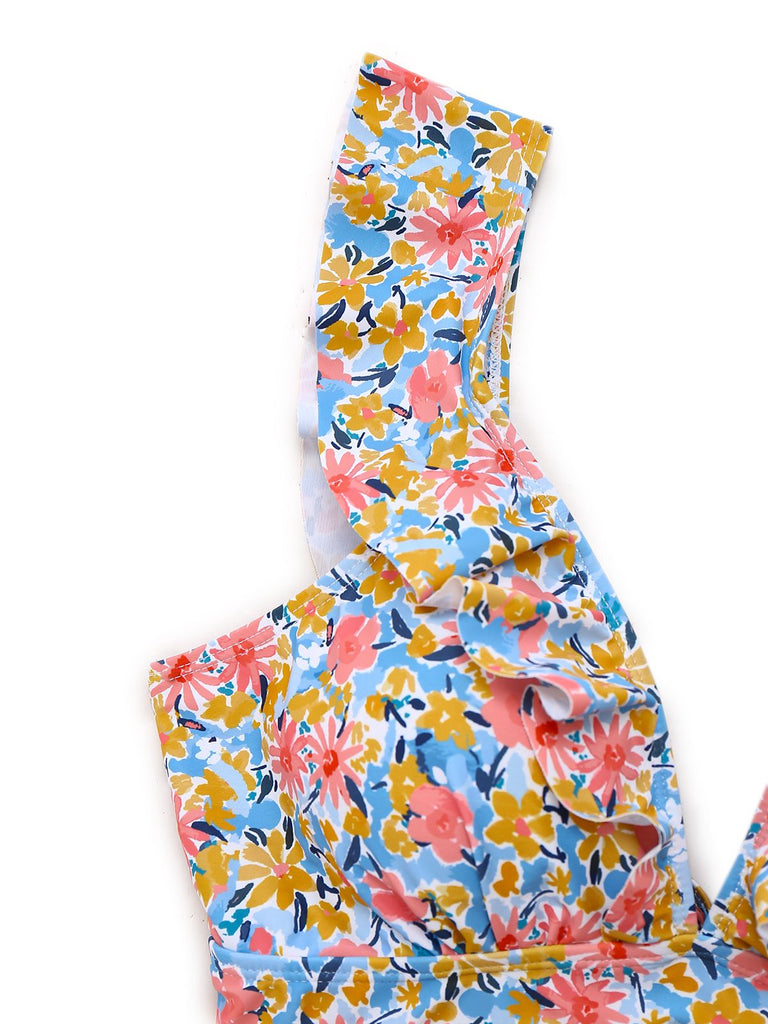 1950s Ruffled Ditsy Floral Deep V-Neck Swimsuit